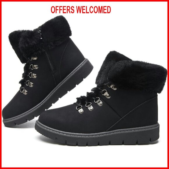 Women's Winter Ankle Boots PU Leather Lace Up Zipper Warm Fuzzy Snow Boots